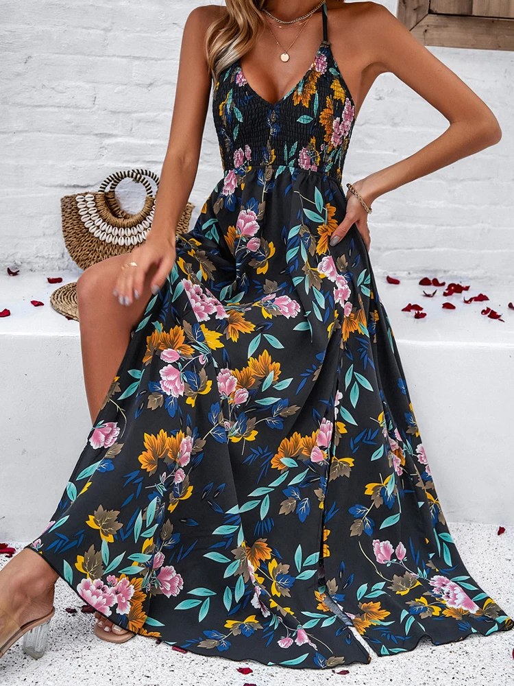 Sommer lange Kleider Frauen Boho Blumen druck Kleid weiblich sexy rücken freie Bandage Sommerkleid Damen elegante Split Beach Vestidos