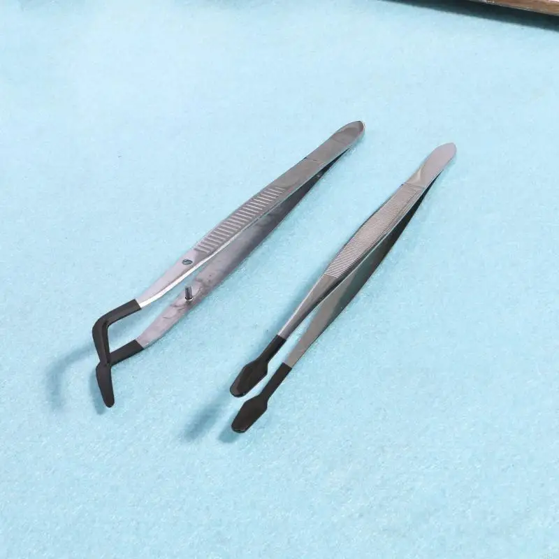 

G88B Stainless Steel Tweezers with Rubber Tipped Set of 2 Straight Flat Bent Tip Tweezer for Jewelry Making Coin Stamp Tongs