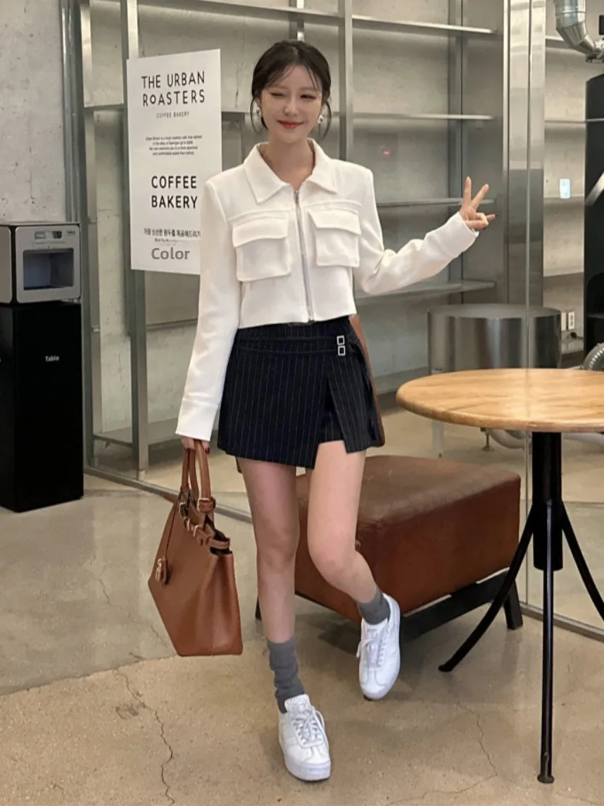 

Chic Autumn New Sle Women's Zipper Long Sve Collar Double ket Design ort Coat Ele Faion Small Fraance Sle