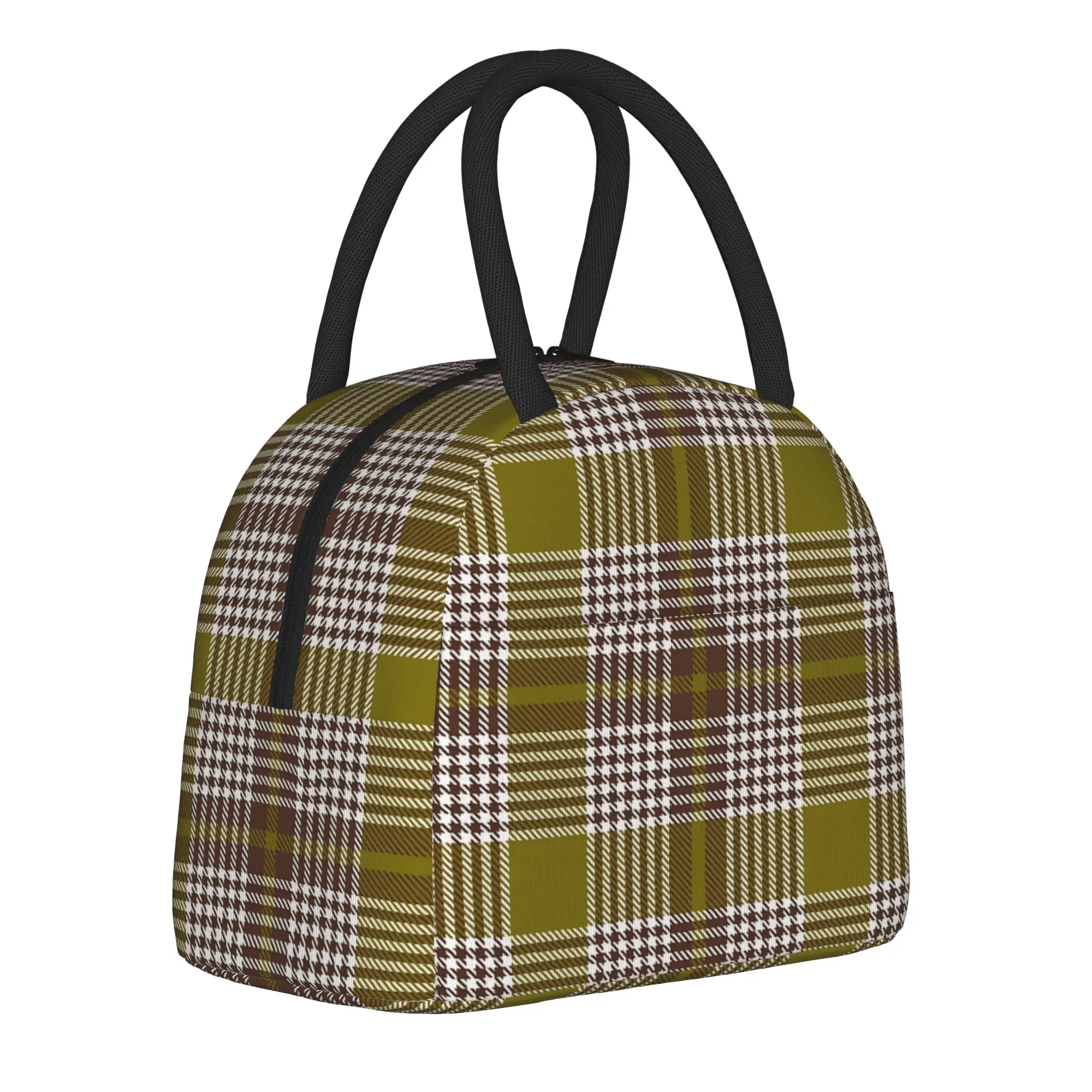 Green and Brown Plaid Tartan Check  Insulated Lunch Bags Cooler Bag Reusable,Meal Container  Large Lunch Box Tote Bento Pouch