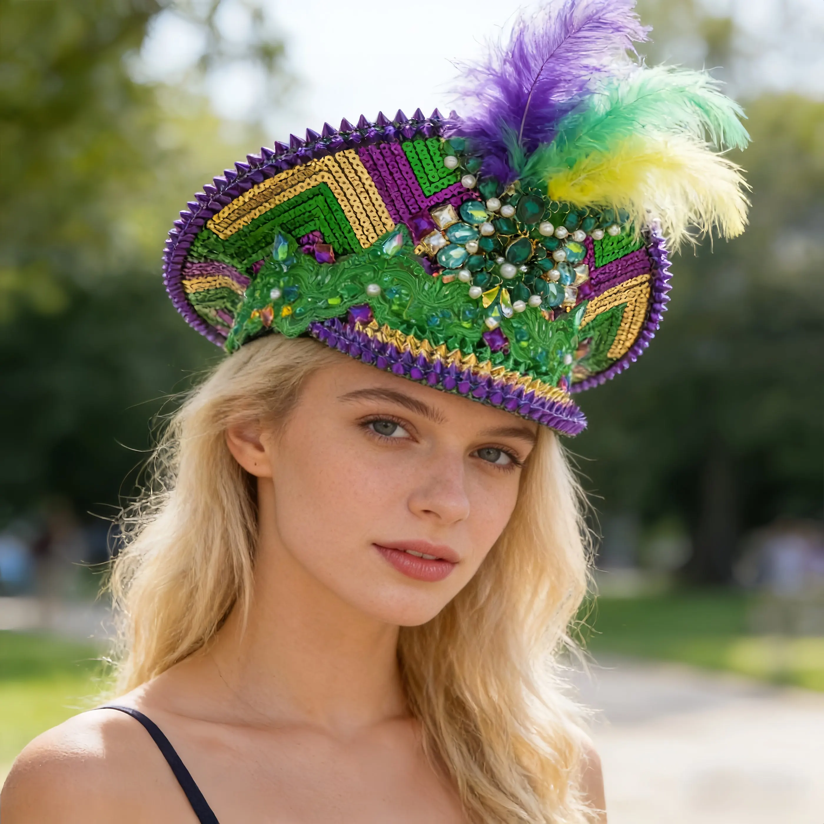 

HongLuan красочная роскошная дискотека Марди Гра капитанская шляпа со стразами для карнавала, рейв-фестивали, аксессуары и вечерние шляпа для женщин