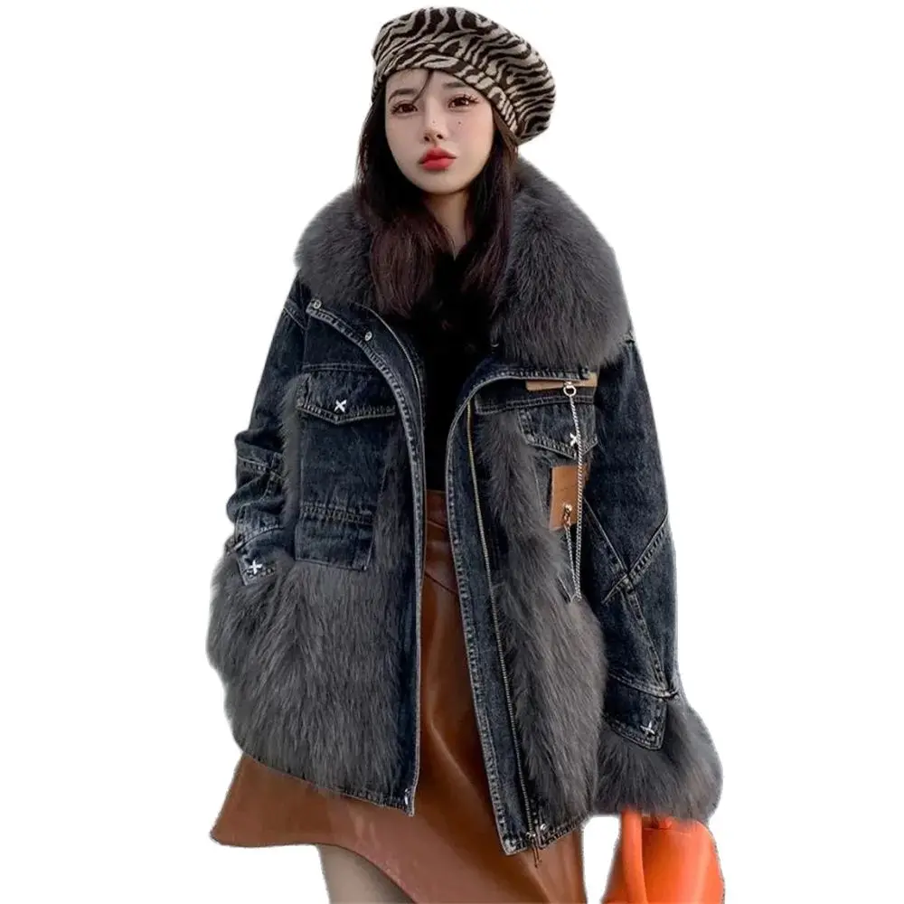 Denim Parka for Women Cowboy Patchwork Coat Down Jacket Long Sleeve Luxury Clothing Down Jeans Top High Quality 2024