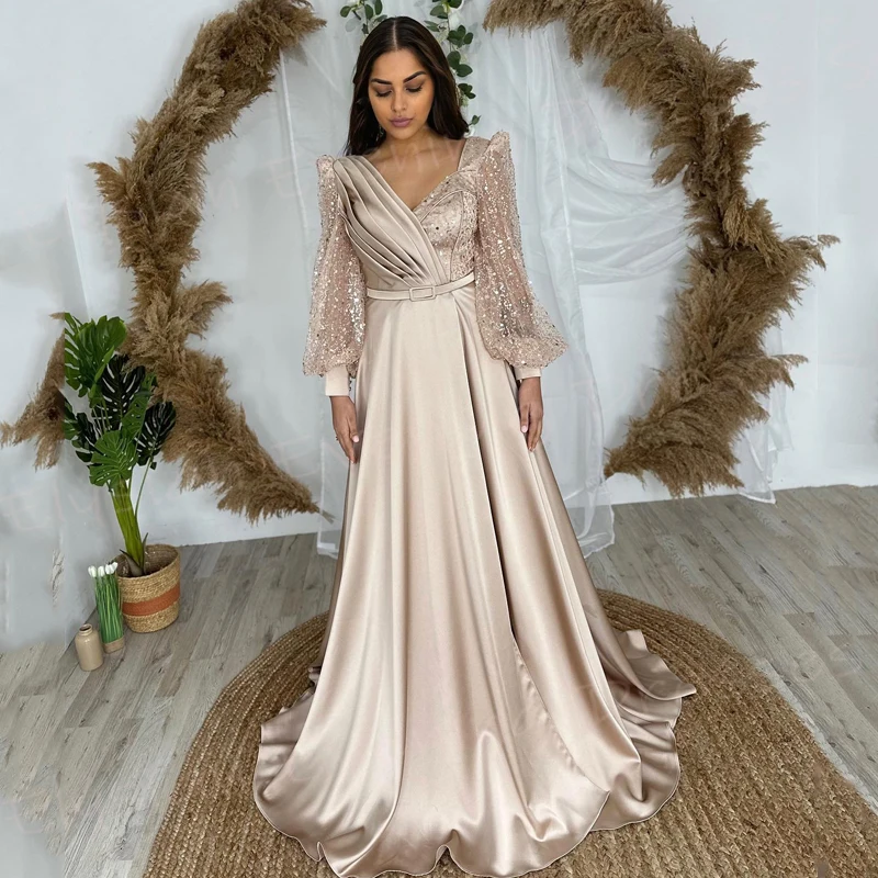 Gorgeous Sparkling A Line Women's Evening Dresses Charming V Neck Long Puff Sleeve Sequined Prom Gowns Formal Party Robe De Bal