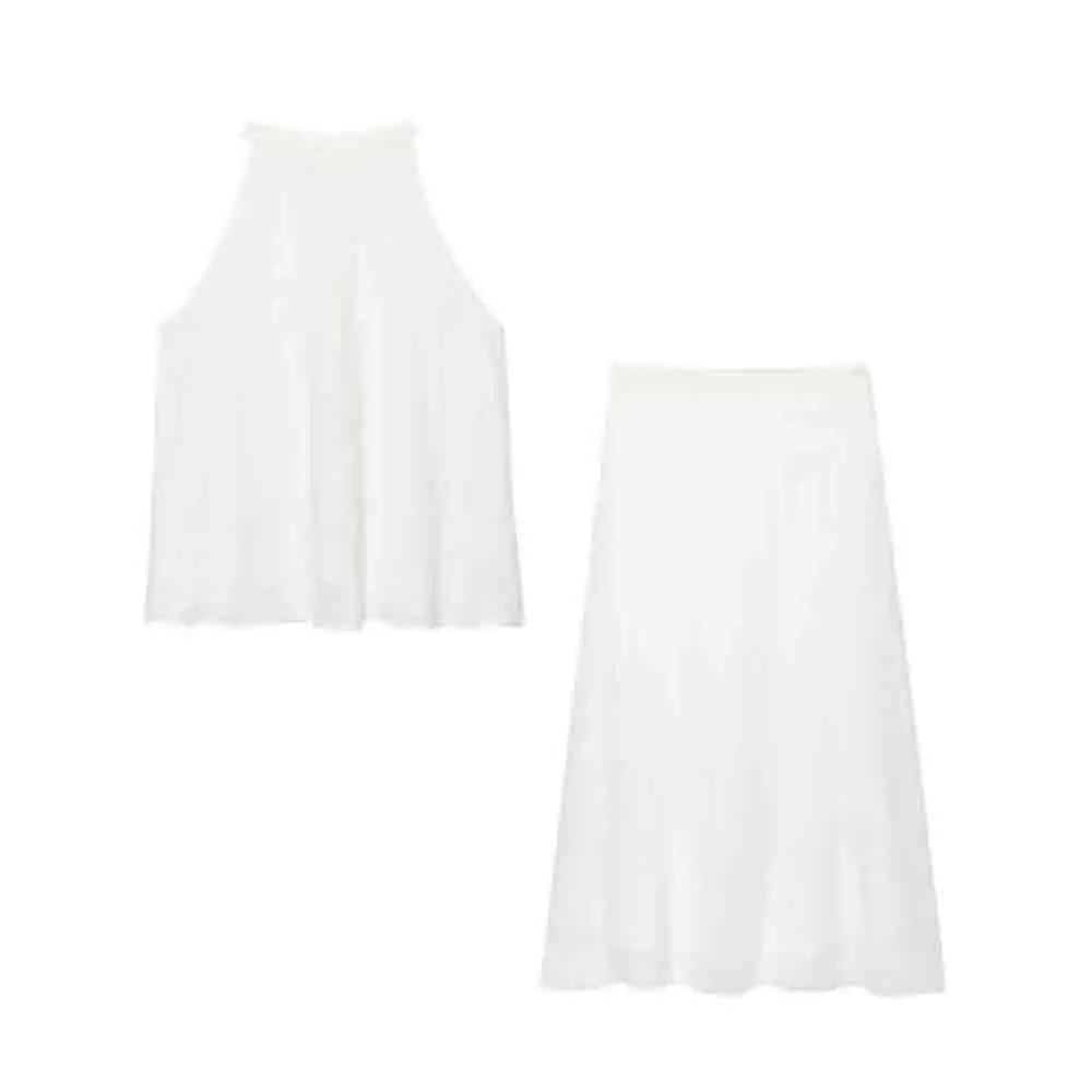 

Women's new fashion Solid Linen Blended Hanging Neck Top Retro Sleeveless Women's Shirt Chic Top+Skirts Women's suit