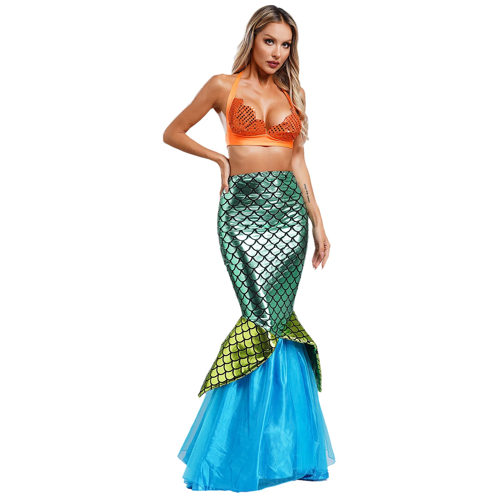 Womens Halloween Sea Siren Mermaid Cosplay Costumes Scallop-shaped Sequined Bra Top And Shiny Fishscale Tail Maxi Skirt Suit