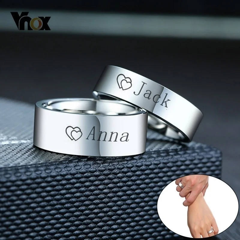 Vnox Free Personalized Name Love Couple Wedding Rings for Women Man Never Fade Color Stainless Steel Custom Promise Anel