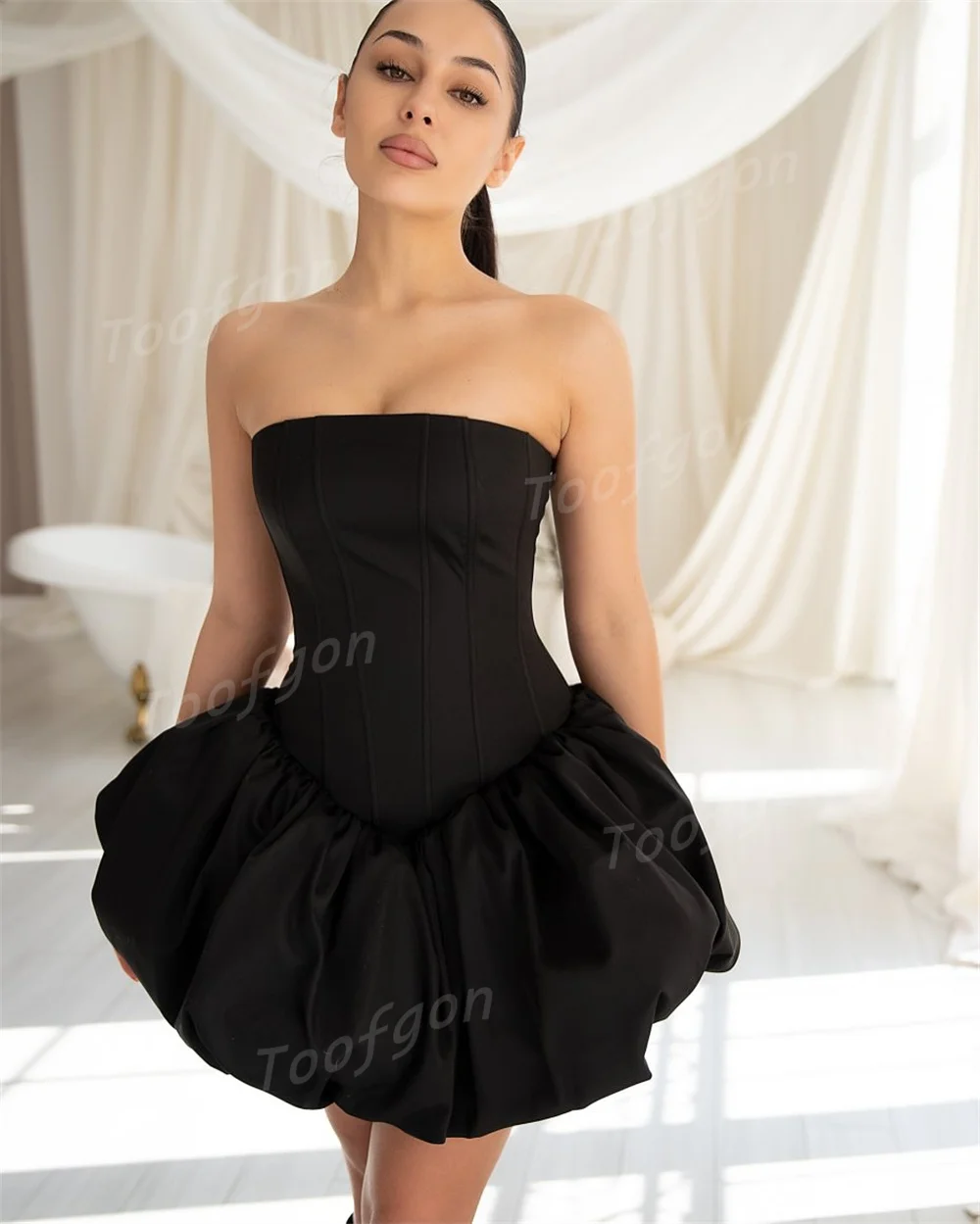 Toofgon بسيط ألف خط الساتان فساتين حفلة موسيقية قصيرة مخصصة نفخة تنورة مناسبة رسمية حفلة العودة للوطن ثوب فتاة الرقص