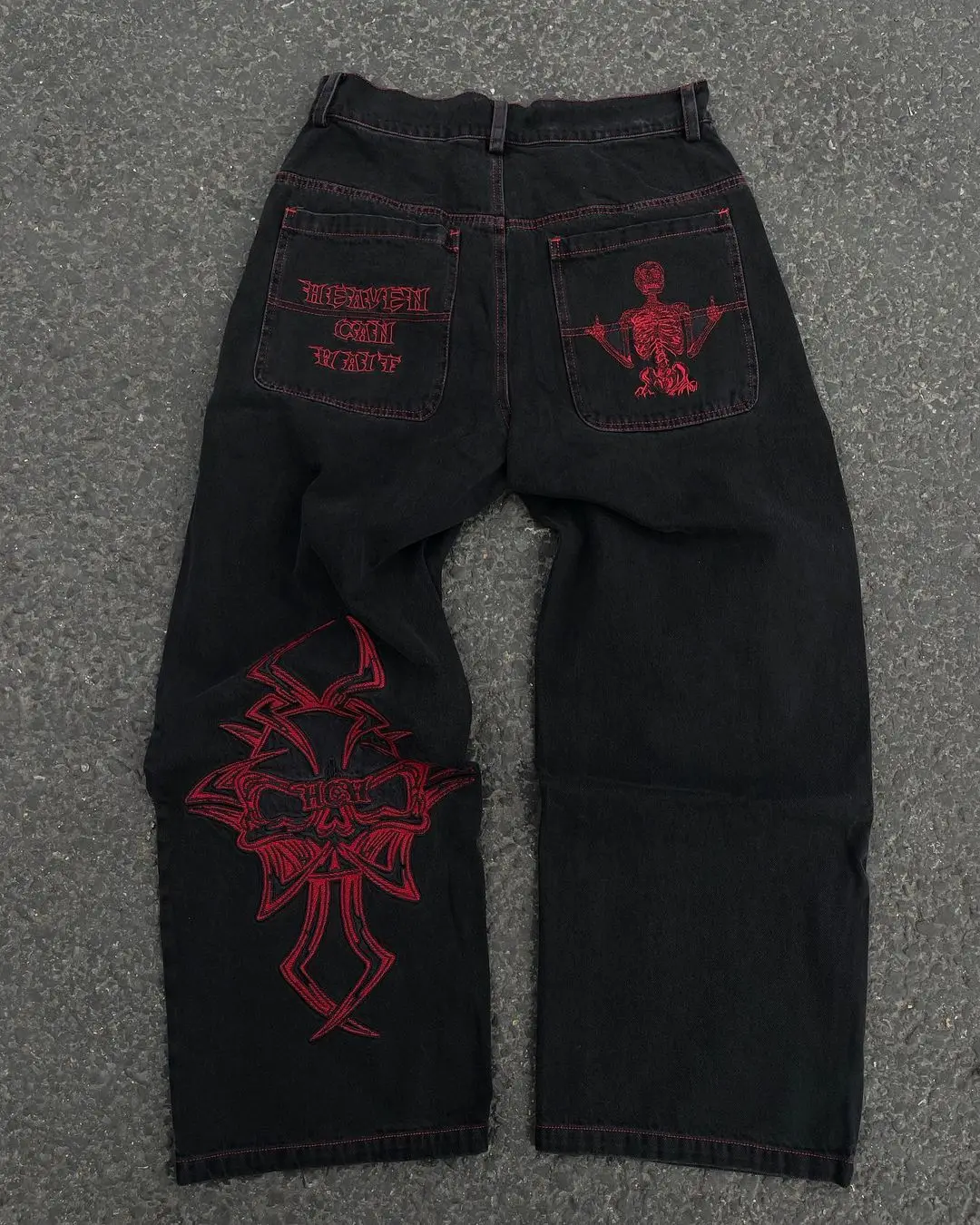 Y2K Jeans Mens Hip Hop Retro Skull Embroidery Washed Baggy Denim
