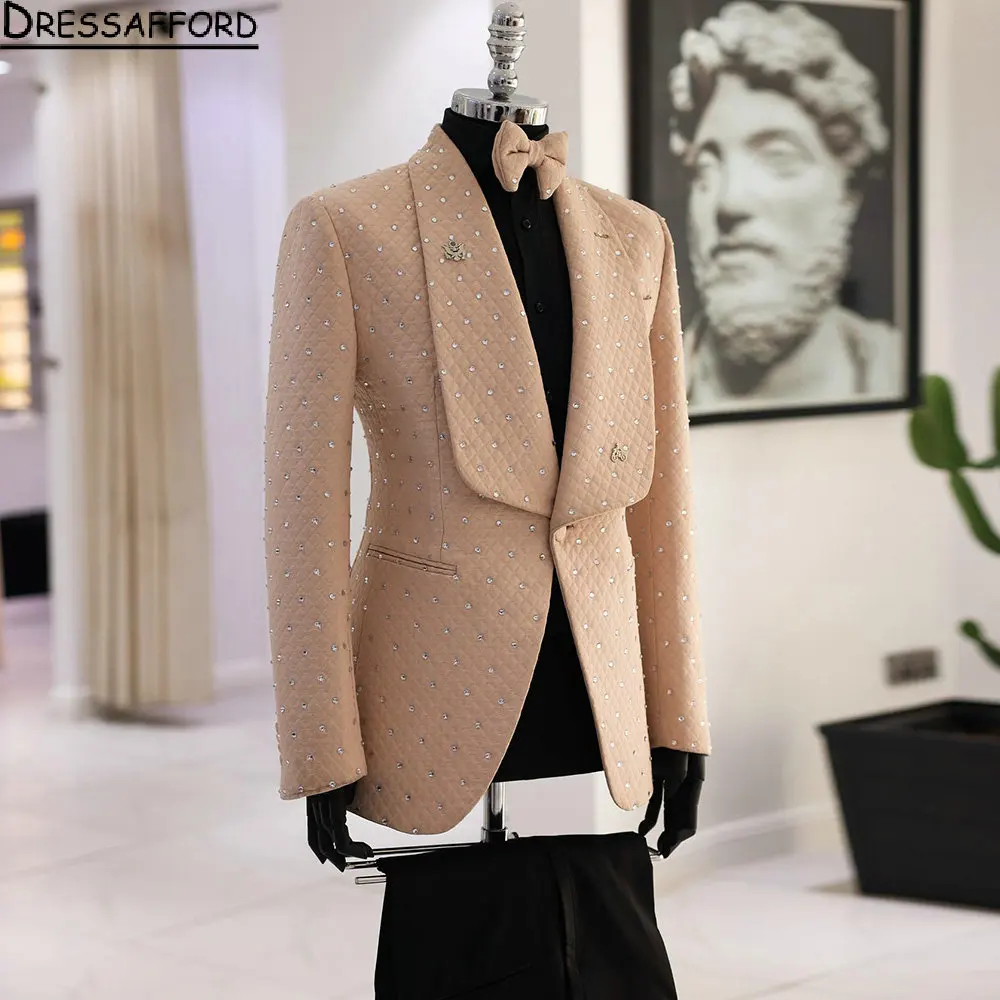 Champagne Lattice uomo abiti cristallo sposo smoking da sposa 2 pezzi set cena Prom blazer Terno Masculino Completo