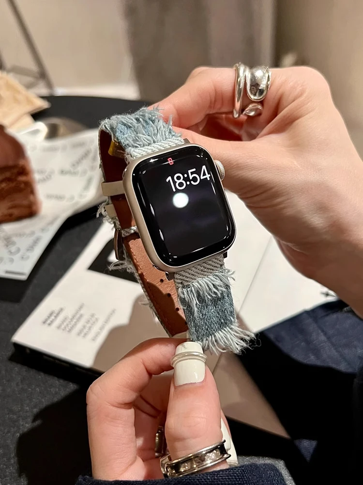 

Роскошный кожаный ремешок для iWatch Ultra 9 8 7 6 5 4 SE 3 Ретро джинсовый винтажный ремешок с кисточкой для Apple Watch 41 мм 40 мм 45 мм 38 мм 49 мм