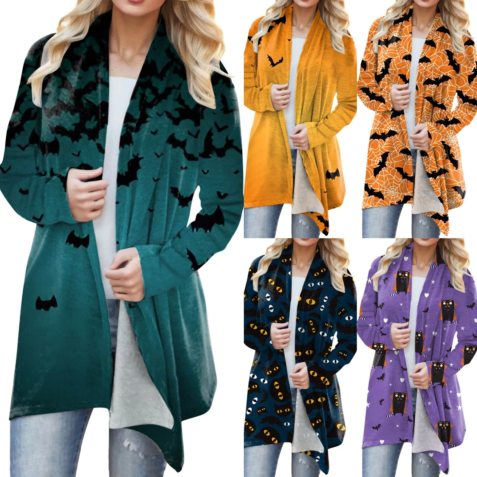 Halloween Print Cardigan Women Jacket Long Sleeve Coat Female Autumn Winter Elegant Clothes Lightweight Outwear Coat 2023 Tops