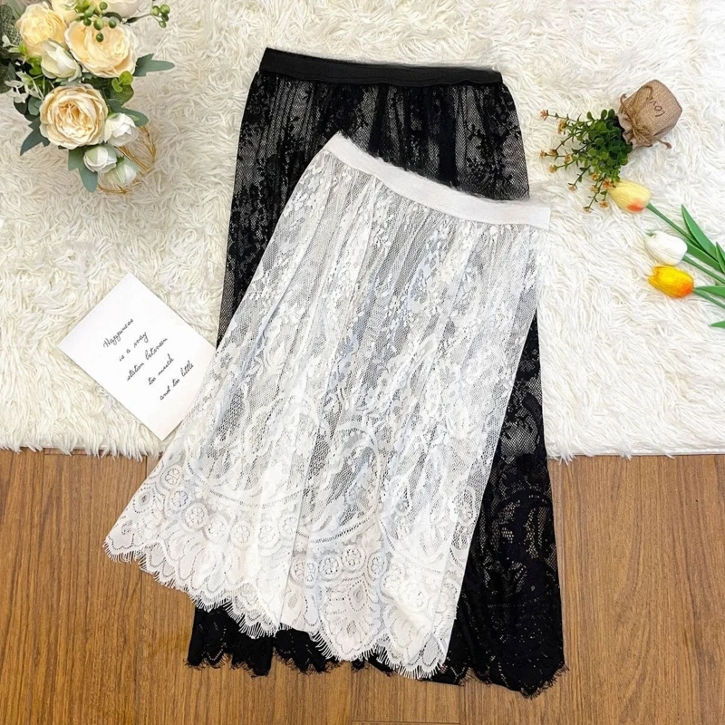 Ladies Elastic High Waist Elegant Black White Lace Tulle Skirt 2 Length Options Transparent Long Midi Beach Skirt for Summer