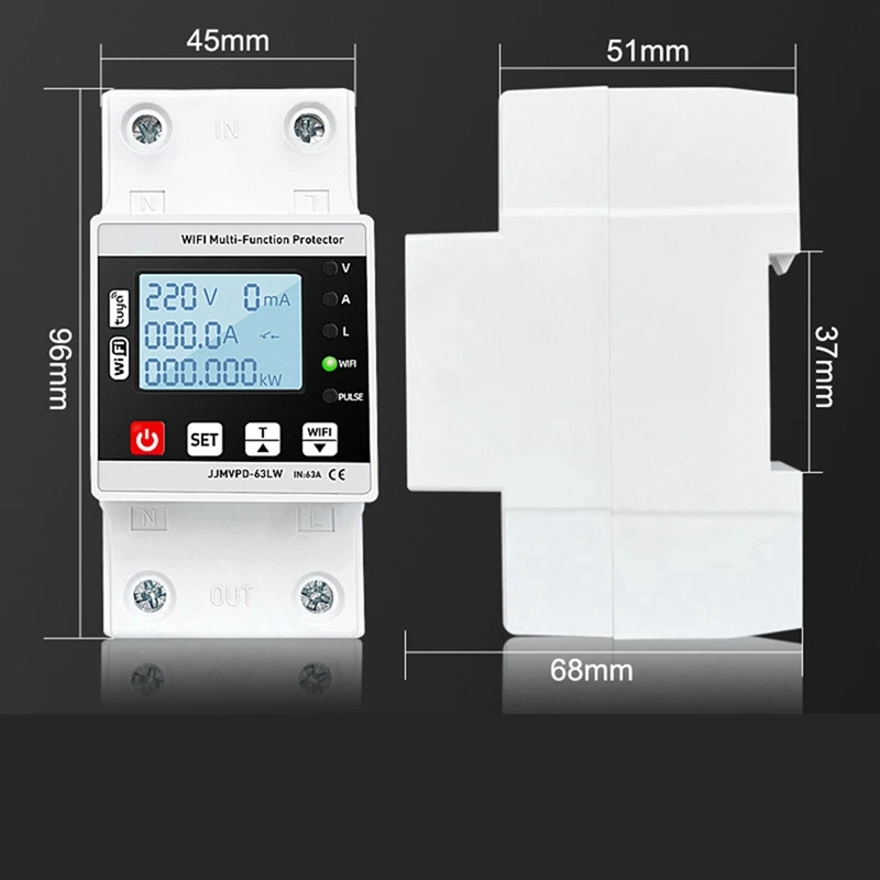 Interruptor de circuito inteligente con Wifi, dispositivo de protección contra fugas de tierra, bajo voltaje, temporizador, energía, Kwh, 2x63A, TUYA