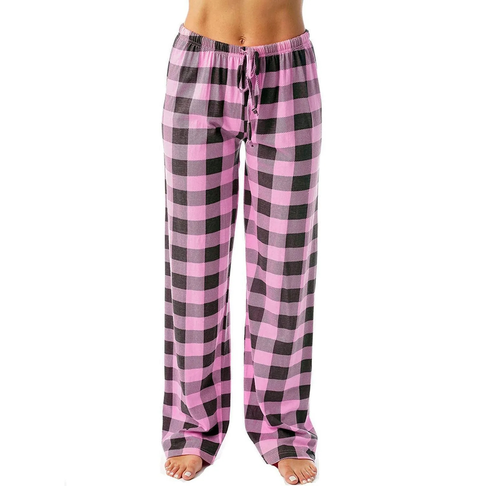 Women Pajama Pants Casual Comfortable Micro Elastic Plaid Home Pants Drawstring Elastic Waist Loose Wide Leg Trousers пижама