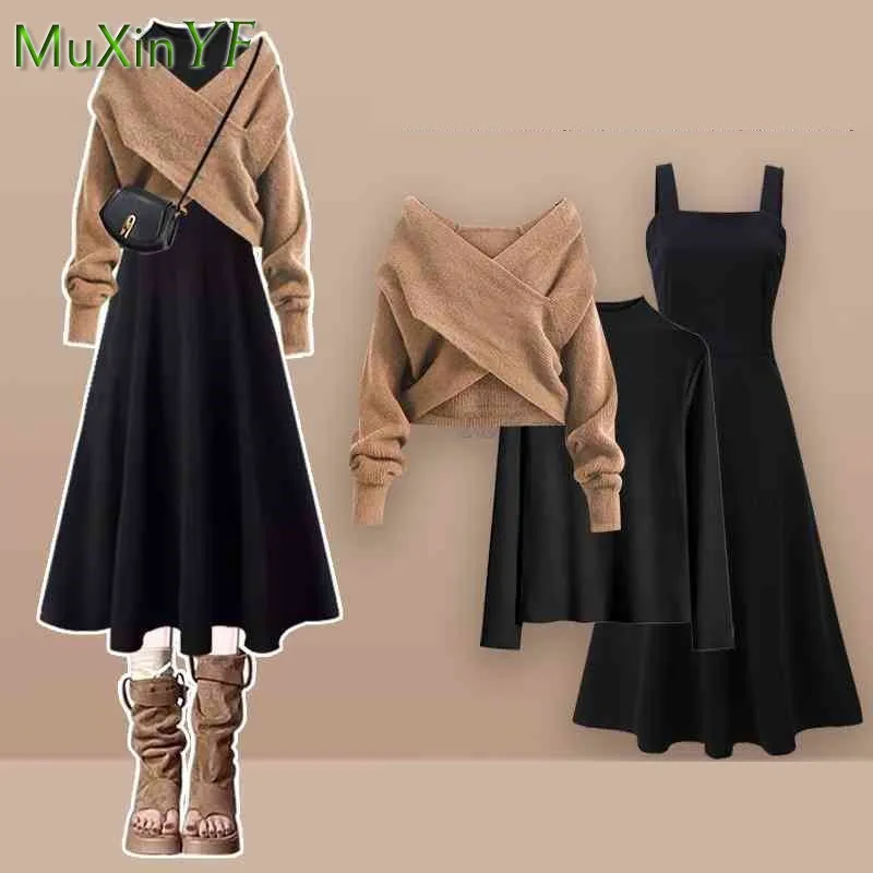 

Women's Autumn Winter New Chic V-Neck Knitted Sweater+Bottom Shirt+strap Dress 3-piece Suit Korean Elegant Pullover Matching Set