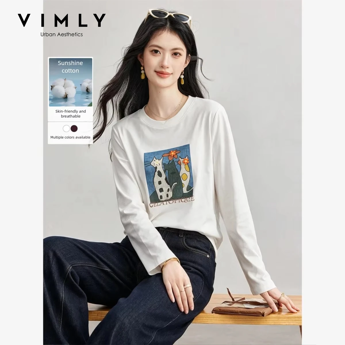 VIMLY Cat Print White Long Sleeve T-shirt 2026 Autumn New Round Neck Versatile Pullover Basic Casual Cotton Top Ladies A7523