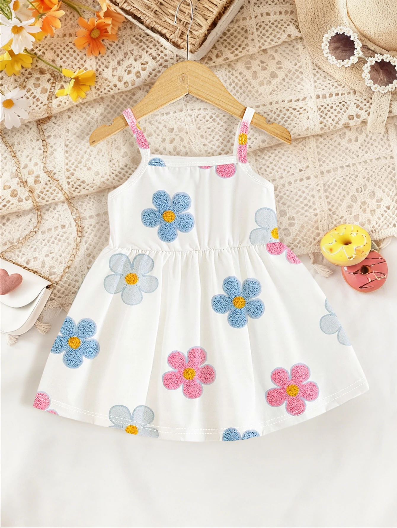 Baby Girl Summer Fashion Cute Strap Dress, Baby Girl Colorful Floral Print Waist-Cinching Dress, Baby Girl Casual Daily Basic Sweet Children's Clothing, Suitable for Outings, Daily Wear, Leisure, Vacation, Amusement Park, Parties, 0-1-2-3 Years Old Clothing, Holiday Gift