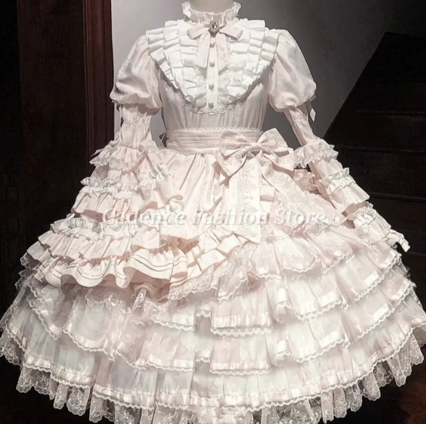 Customized  Lolita Opera Ball Gowns Strappy Back Cute Princess Bow Lace Cake Short Dresses Flared Sleeve Evening Gowns