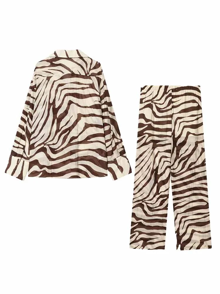 HH Woman Spring Fashion Zebra Printed Long Sleeves Shirt+Lace Up Trousers Solid Color Female Casual Street Style Two Piece Set