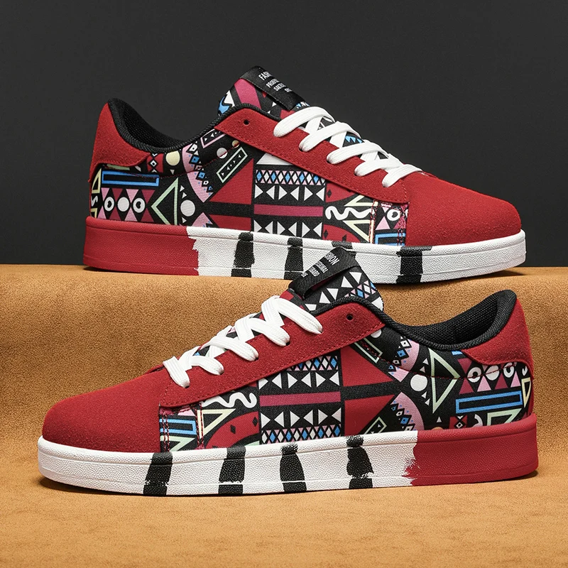 Fashionable Graffiti Print Skateboard Shoes for Men Canvas Geometric Style Lace-Up Women's Casual Walking Shoes Male Zapatos