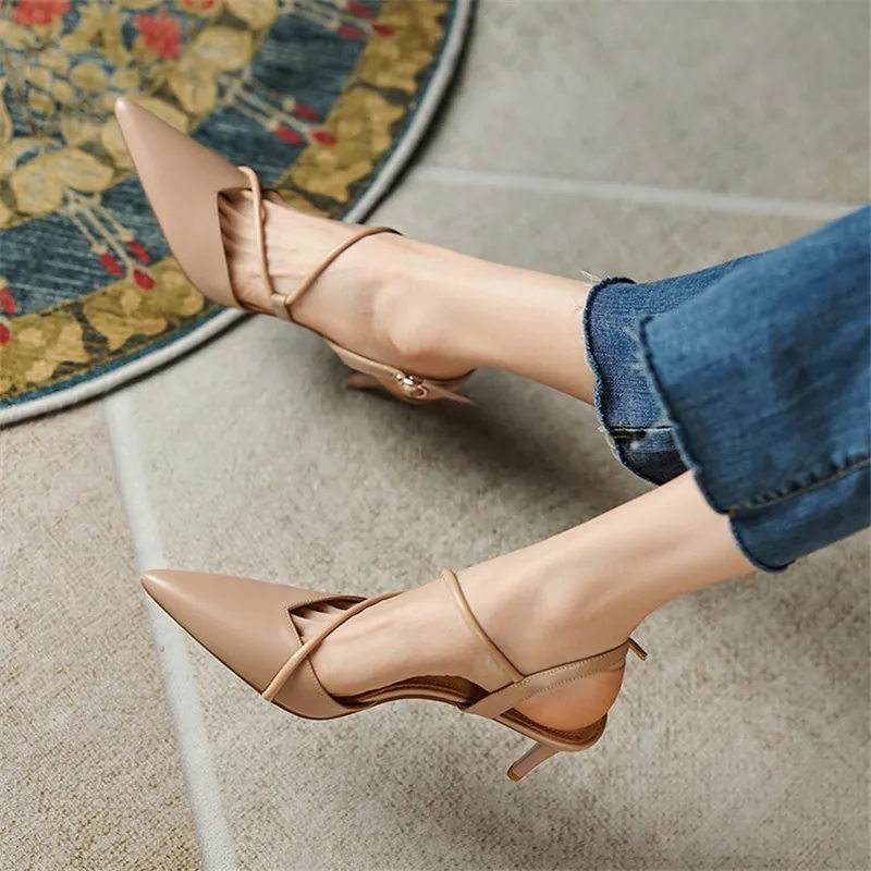 New Summer Sandals Genuine Leather Women Sandals Pointed Toe Back Strap Thin Heel Shoes for Women Casual Shoes Zapatos De Mujer