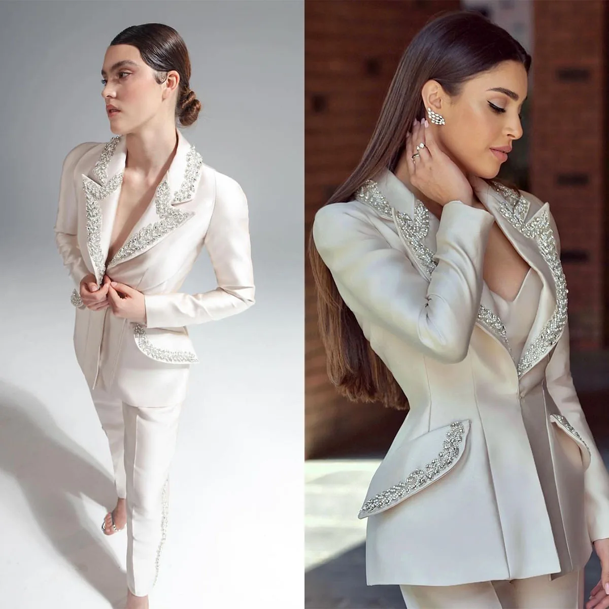 Fashion Crystal Women Suits Peaked Lapel One Button Beads Jacket 2 Pieces Pencil Pants Blazer Daily Casual Wear Coat