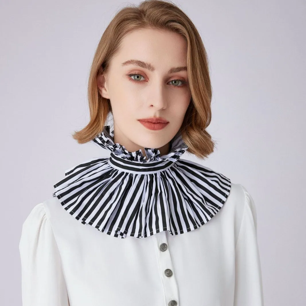 French Style Black White Striped Tie High Neck False Collar Vintage Ruffled Doll Collar Neckwear for Women view 3
