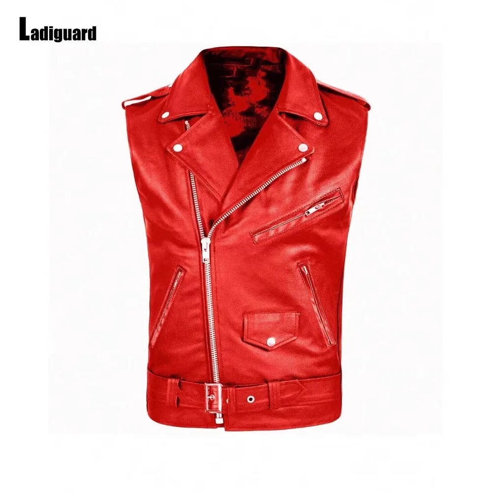 Plus Size Mens Sleeveless Cargo Faux Pu Leather Jackets Solid Notched Basic Vest Coats Red Black Fashion Multi-Zipper Jacket New