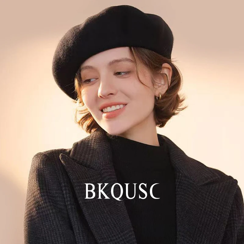 French Elegant Women\'s Wool Beret 55cm-58cm Female Solid Color Soft Wool Painter Hats Winter Warm Literary Beret Caps for Woman