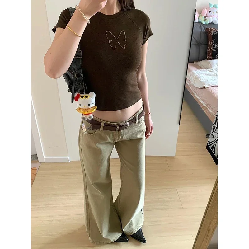 Jean café Hip-hop pour femmes, Streetwear Vintage Y2K, jambes larges, droit, taille haute, pantalon classique Baggy en Denim