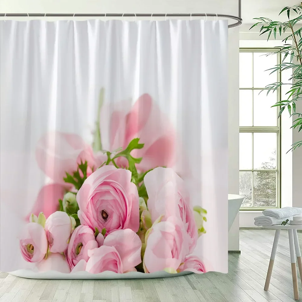 Pink Rose Shower Curtains Nature Flowers Plants Scenery Women Girls Gift Polyester Fabric Bathroom Decor Bath Curtain with Hooks