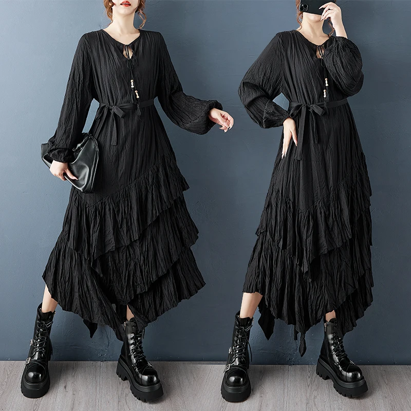 

Dark Design Spring Autumn New Loose Multi-Layer Pleated Bell Splicing Slimming Asymmetrical Dress Polyester Fiber Long S...