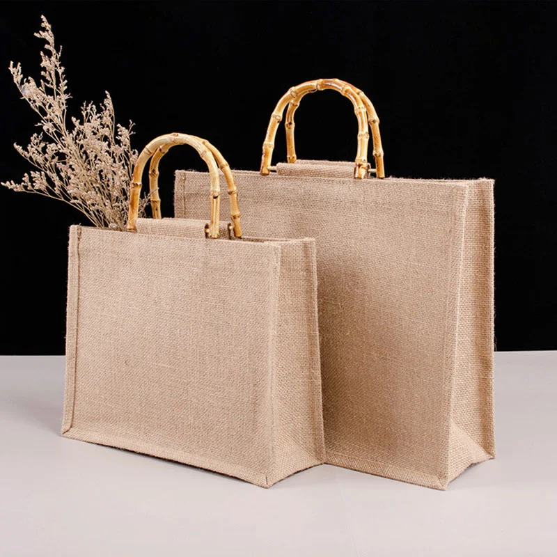 Vintage Bamboo Jute Bags Waterproof Burlap Tote Bag Casual Large Capacity Beige Handbag Portable Beach Travel Organizer Bags