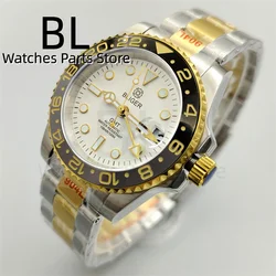 BLIGER 40mm GMT Watch For Men NH34 With Gold Index Bezel White Dial Gold Time Mark Gold Pointer Sapphire Glass Two Tone Bracelet