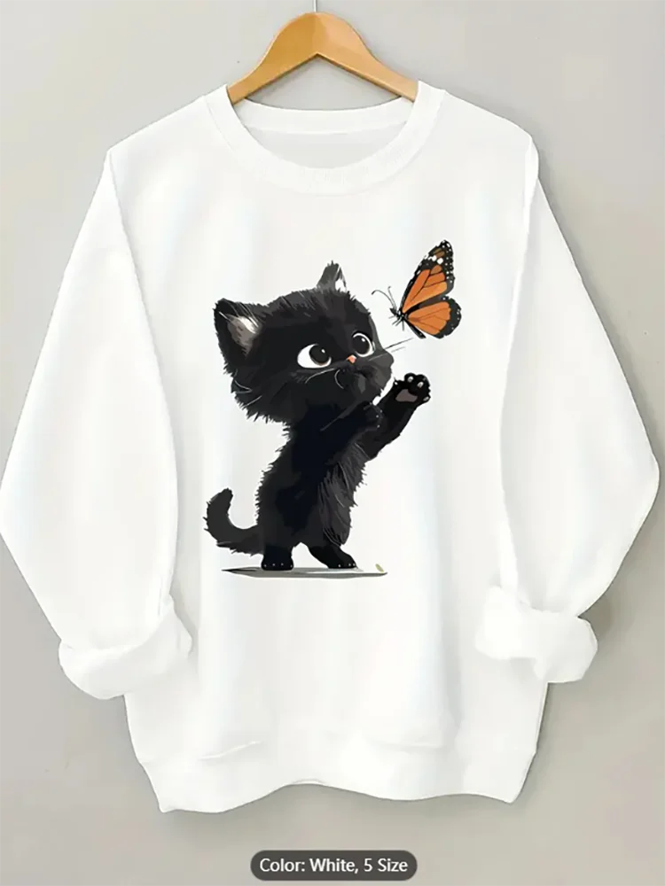 

Женский белый свитшот, черный кот, бабочка, графический принт, повседневный пуловер большого размера, топ для любителей кошек, удобный чистый хлопок