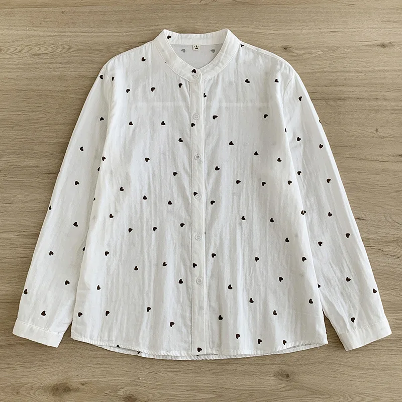 100% Cotton yarn white heart-shaped printed shirts and blouses for women autumn Japanese retro long sleeve basic shirts