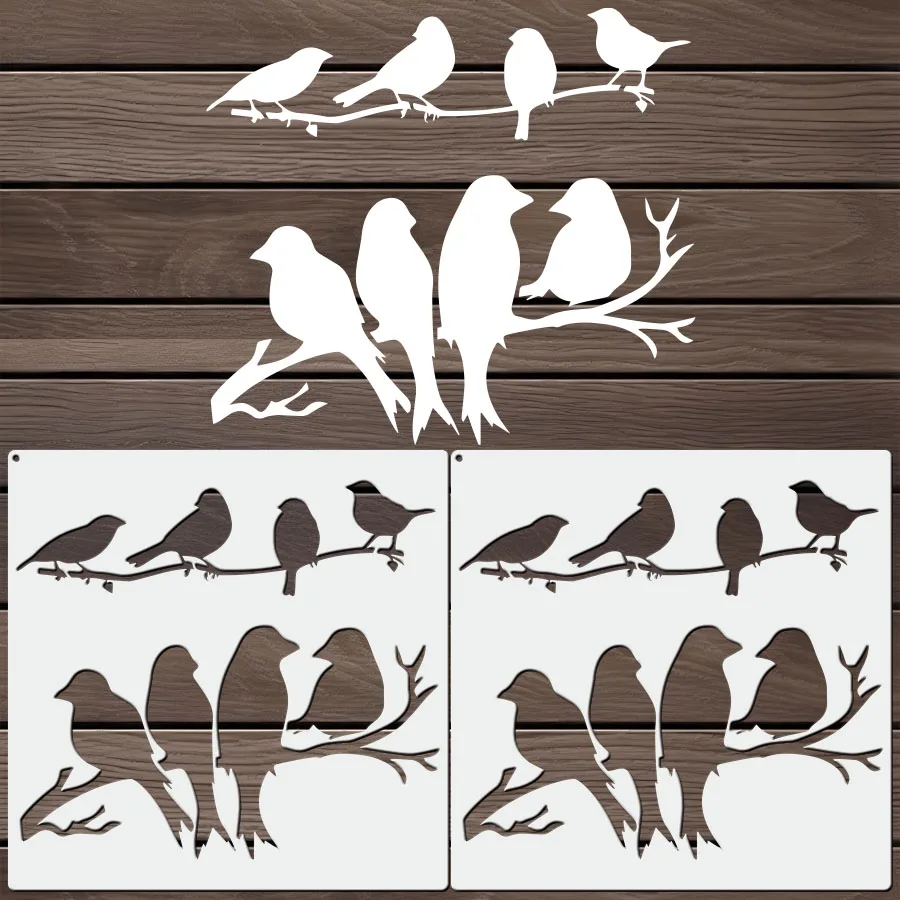 1 قطعة كبيرة 11.8x11.8 بوصة قابلة لإعادة الاستخدام البلاستيك الطيور على فرع ورقة صورة ظلية قالب للخشب اللوحة الطنان أداة ديكور المنزل