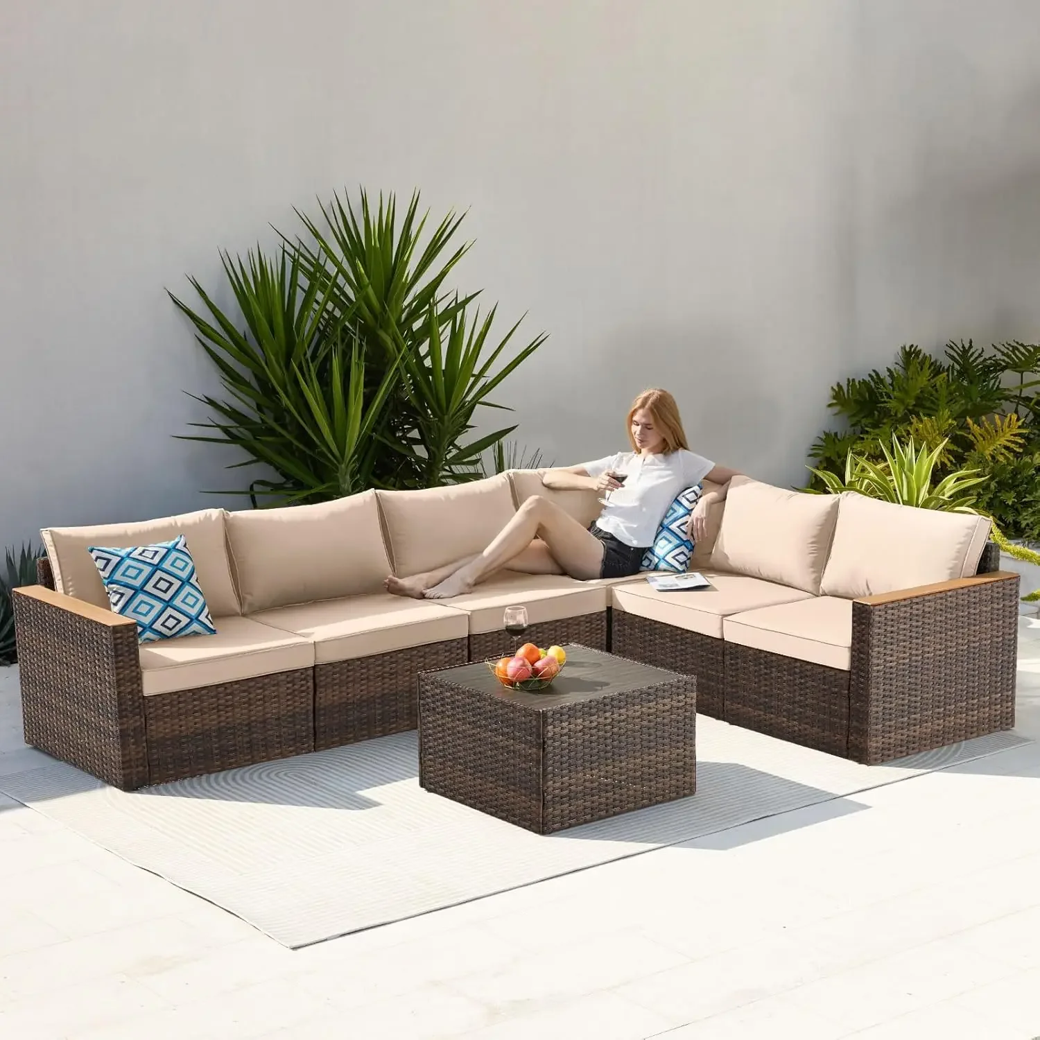 Exklusives, schnell zu installierendes Terrassenmöbel-Set, 7-teilig, Terrassenmöbel für den Außenbereich, langlebige Outdoor-Couch aus Korbgeflecht, Terrassen-Sofagarnitur