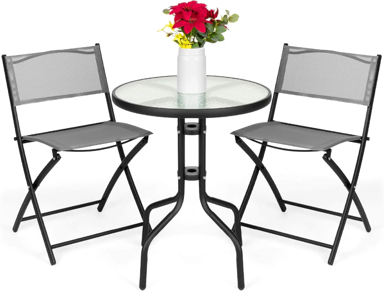 Best Choice Products 3-Piece Patio Bistro Dining Furniture Set w/Textured Glass Tabletop, 2 Folding Chairs, Steel Frame