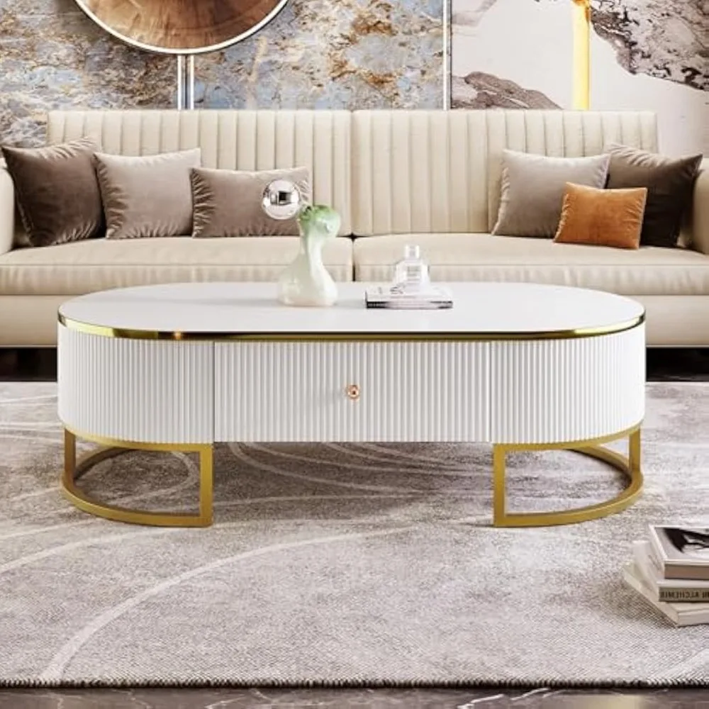 

47.2" Modern Oval Coffee Table with Drawers,Curved Profile Design, Gold Metal Decor, Center Table for Living Room, White+Gold