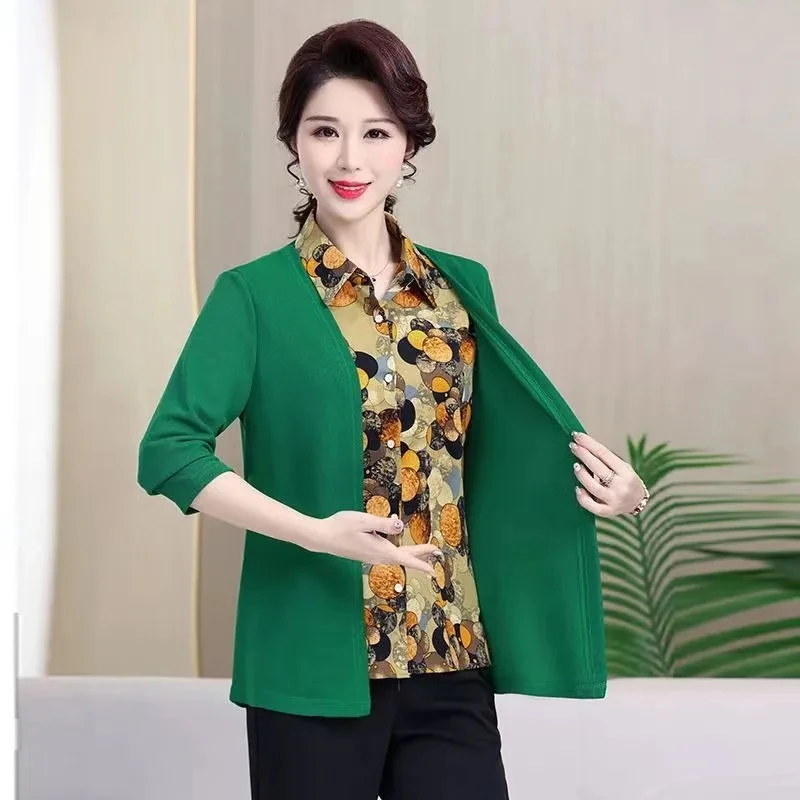 6XL Middle-aged Women Blouse Spring New Long Sleeve Fake Two Pieces Shirts Large Size Female Print Tops Elegant Cardigan Blaus