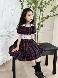 Retro Plaid Girl Dress Square Neck Bow Girls Elegant Dresses Embroidered Lace up Cute Clothing Baby New A-line Vestidos