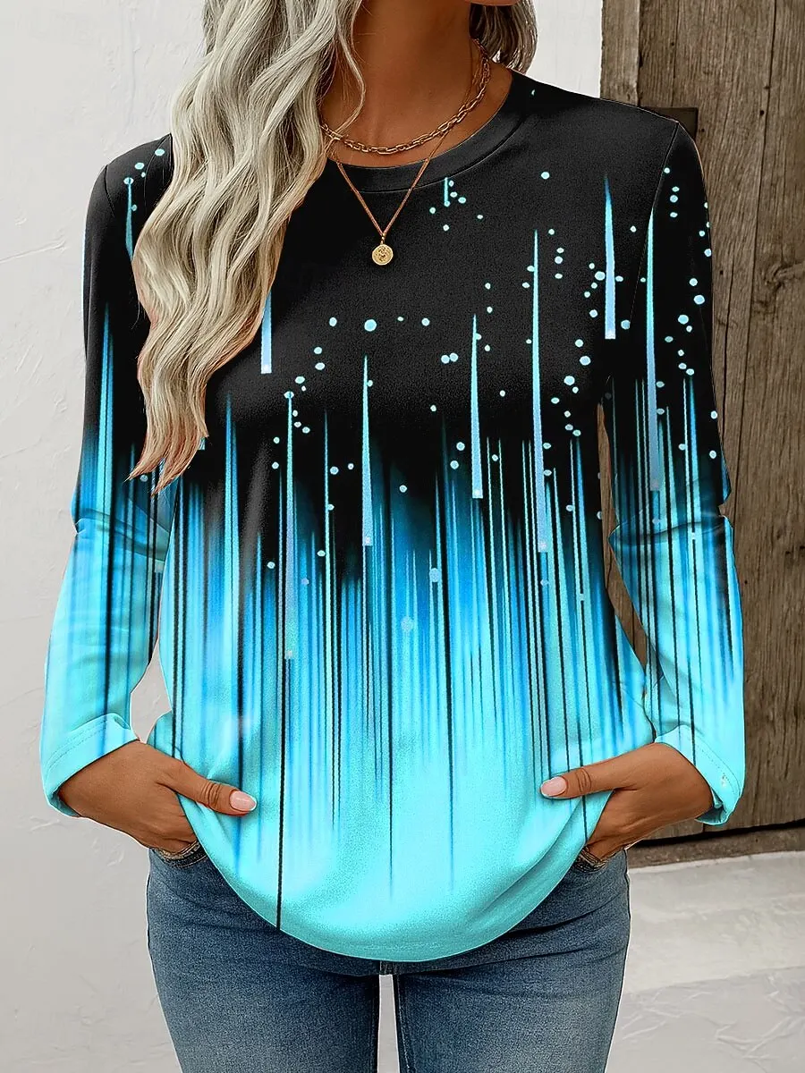 2025 Women's T-shirts Casual Long Sleeve Tops Ombre Graphic Geometric Tees Shirts Blouse O-neck Fall Winter Streetwear Pullover