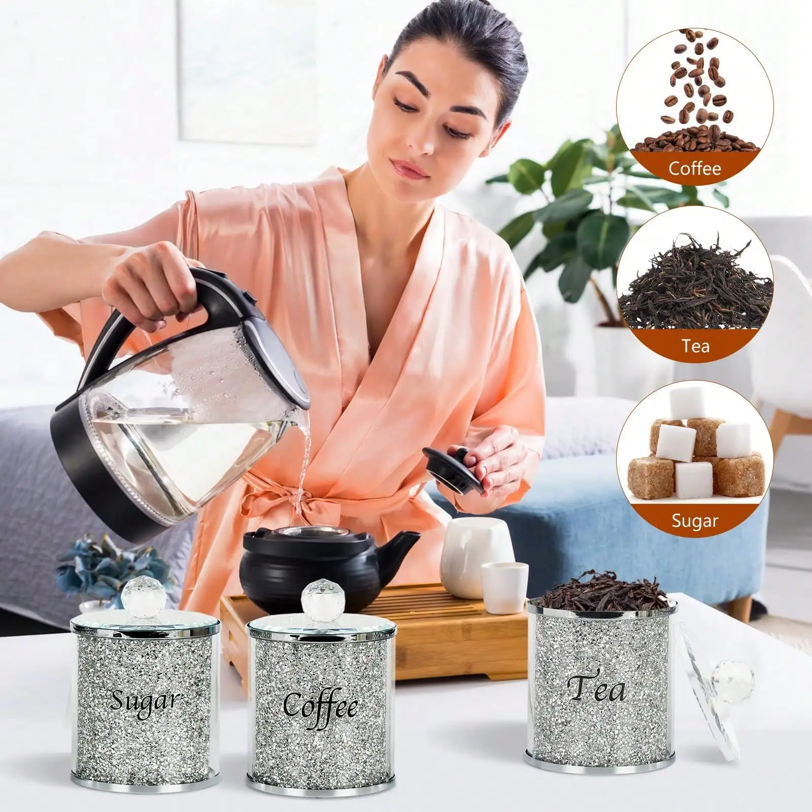 Coffee Sugar Tea Canister Set Sparkly Glam Crushed Diamond Kitchen Storage Container Set 4 Piece Silver Glass Jars With Lids And Mirrored Tray For Kitchen Countertop Coffee Bar Dining Room Home Decor Housewarming Gift view 5