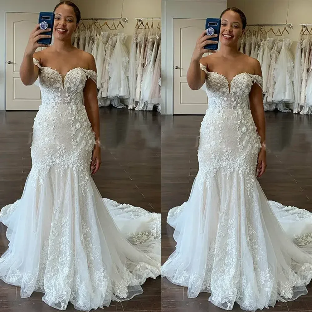 فستان زفاف حورية البحر مزين بالدانتيل على شكل قلب مخصص سويب تراين فيستدوس دي نوفيا قبالة الكتف فستان زفاف عتيق #1