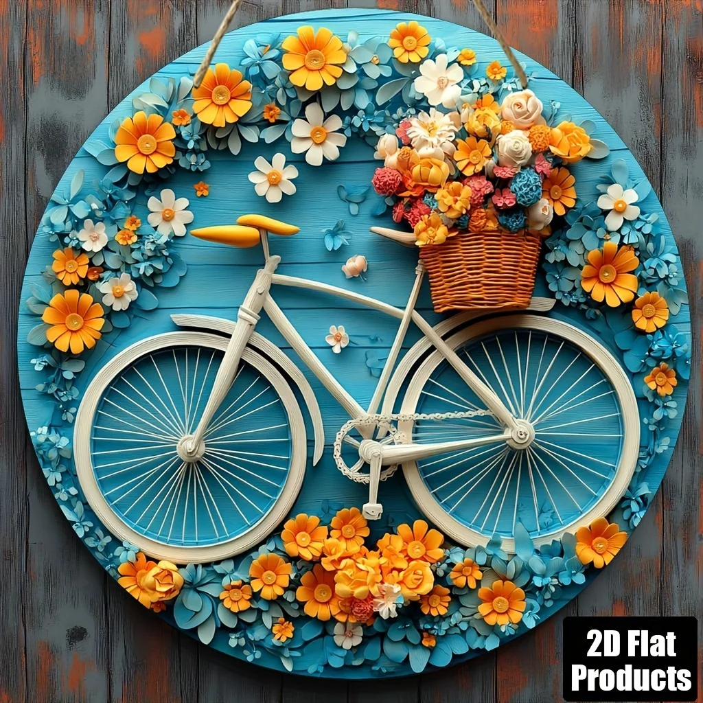 2D Flat - 2D Plane - 2D Integrated Circular Wooden Board Decorative Sign, Themed Around Bicycle Wreaths, Suitable for Decorating