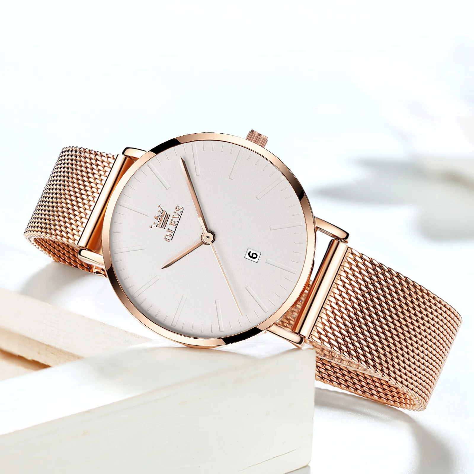 OLEVS 8mm Ultra Thin Watches for Women Rose Gold Stainless Steel Waterproof Ladies Wristwatch Big Face Quartz Watch Reloj Mujer