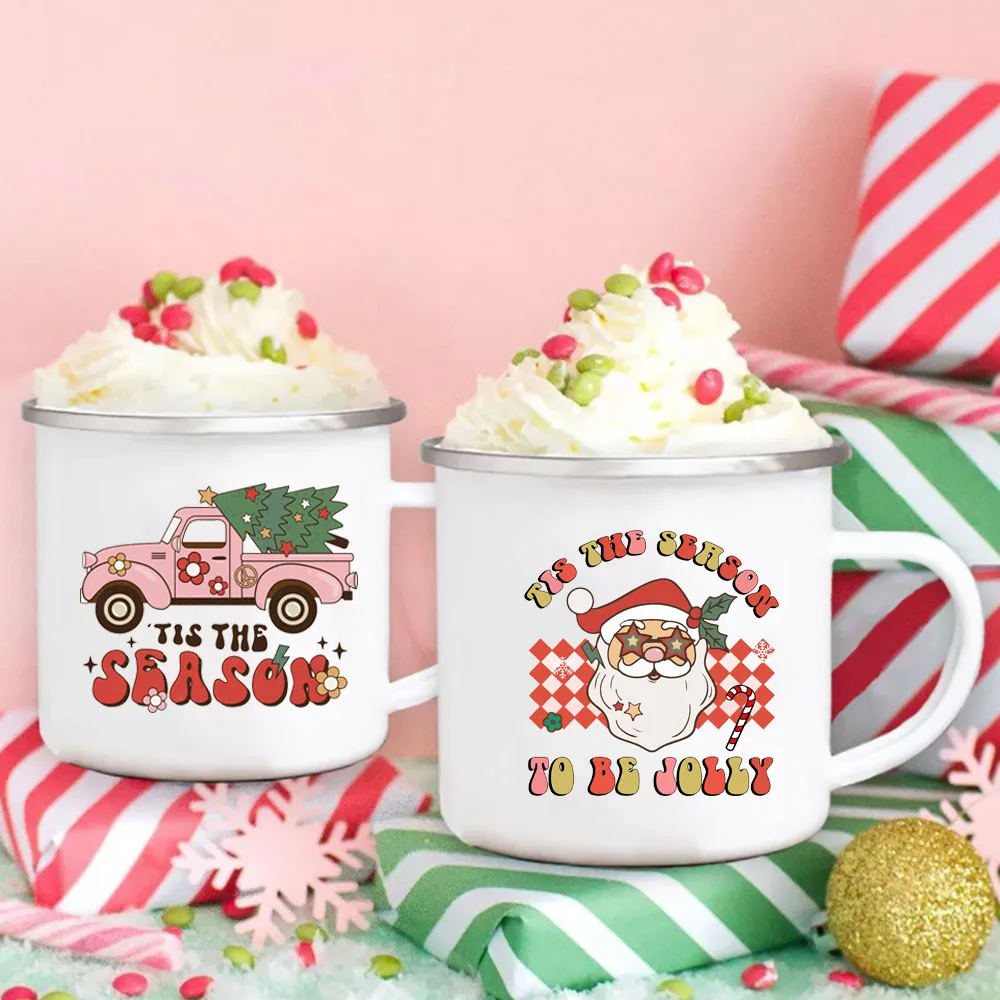 

Santa Print Enamel Dessert Mugs White Coffee Cocoa Cup Kids Handle Hot Milk Chocolate Cups Cute Kitchen Decor Xmas Gift for Kids