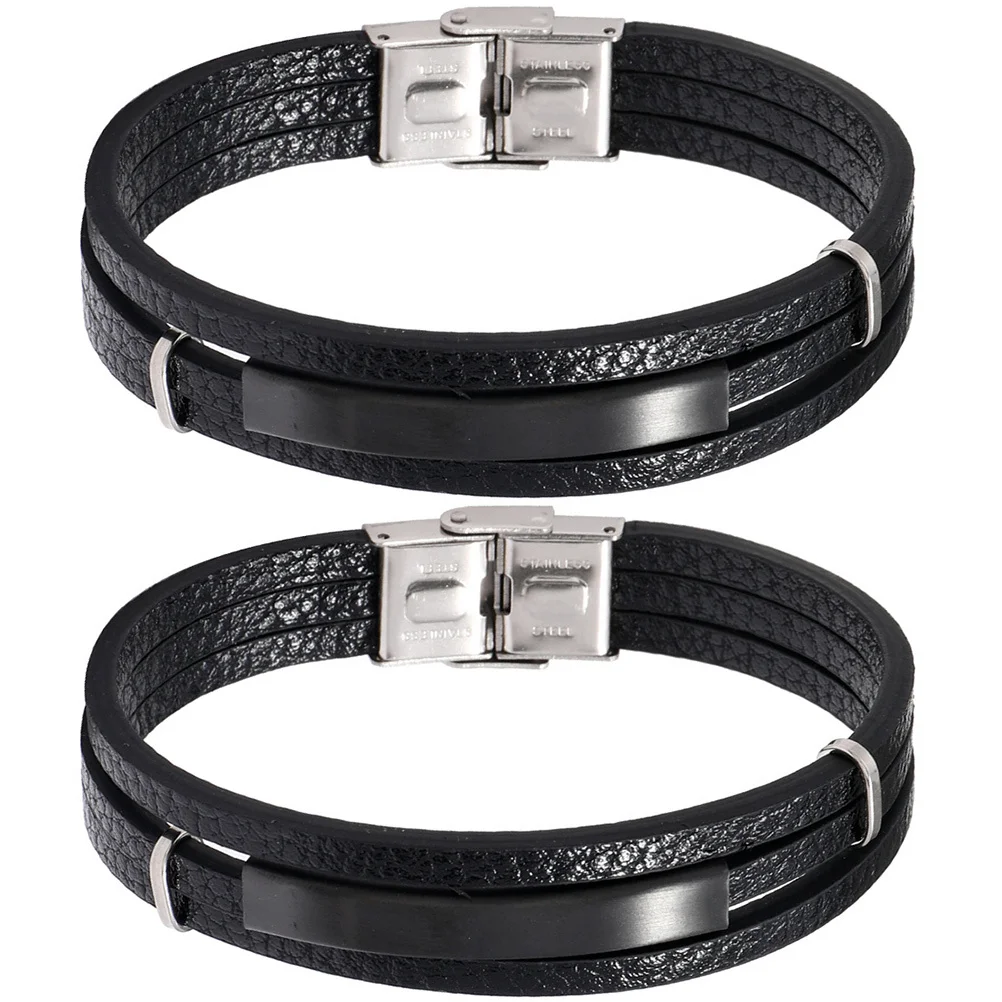 

2pcs Black Bracelet For Men Vintage Punk Wristband Multi-Layer Design Cool Hip-Hop Jewelry Gift Mens Bracelet