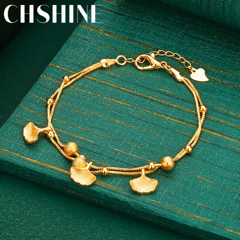 925 Sterling Silver 18K Gold Double Strand Bracelet Ginkgo Leaf Frosted Bead Charms Women Elegant Daily Jewelry Gift